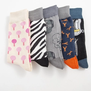 Colorful patterned mid-calf cotton socks including mushroom, zebra, and skull designs