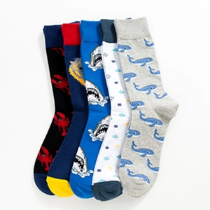 Five pack of colorful cotton mid-calf socks with ocean animal patterns and ribbed cuffs