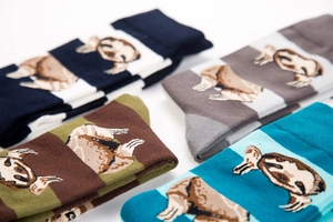 Detailed knit texture of four colorful crew socks featuring cartoon sloth patterns