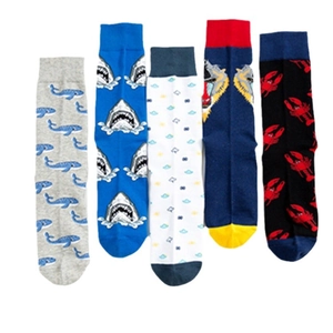 Five pack colorful mid-calf cotton socks with shark, whale and lobster animal patterns