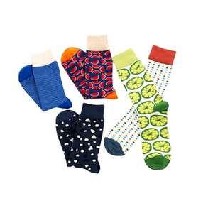 Five pairs of colorful patterned crew socks featuring geometric and fruit designs