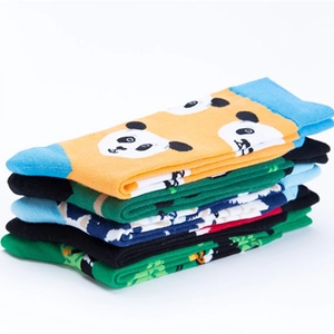 Five pairs of colorful cotton blend panda knit socks in yellow, navy, black, and green