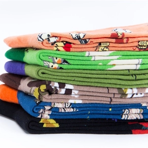 Set of six cotton crew socks with cartoon character patterns and contrast heels and toes