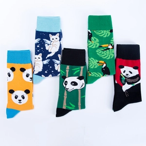 Set of five colorful mid-calf cotton socks with cartoon panda and bird patterns