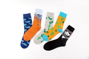 Detailed set of cotton mid-calf socks with cute whale, octopus, cactus, and panda patterns