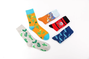Detailed view of mid-calf cotton socks set with cactus, octopus, and whale patterns