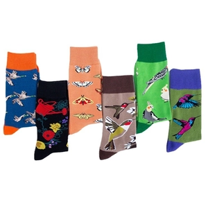 6-pack of cotton mid-calf socks with floral and bird jacquard patterns for women