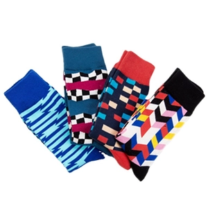 Autumn cotton crew socks with colorful geometric patterns in wave and grid designs