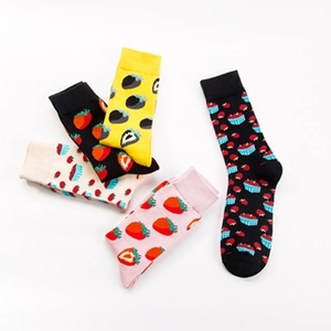 Cute strawberry print cotton crew socks set in black, yellow, pink and beige tones
