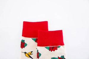 Macro shot of knitted bird and floral patterns on cream mid-calf socks with red ribbed cuff