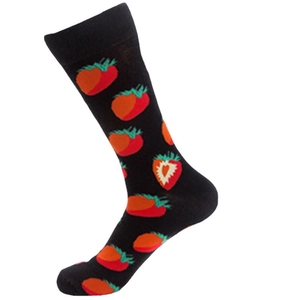 Mid-calf black cotton socks featuring vibrant red strawberry patterns and ribbed cuffs