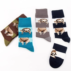 Set of 4 pairs of striped cotton crew socks with cute cartoon sloth patterns