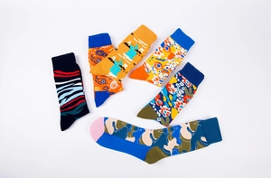 Set of six colorful mid-calf cotton socks with abstract geometric and floral patterns