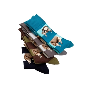 Five pairs of colorful cotton blend crew socks with cartoon sloth patterns on white background