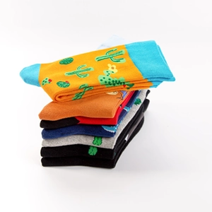 Vertical stack of colorful cotton crew socks with cactus patterns on a white background