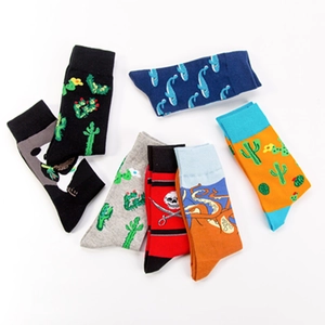 Cotton mid-calf socks set featuring colorful cactus, panda, and octopus patterns