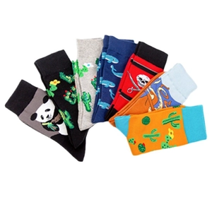 Multi-pack cotton crew socks with novelty animal and cactus knit patterns on white background