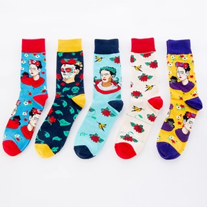 Artistic Portrait Pattern Crew Socks Cotton Blend Breathable Seamless Toe Vintage Mexican Floral Retro Graphic Unisex