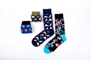Detailed flat lay of colorful mid-calf men's socks with artistic patterns and bird motifs