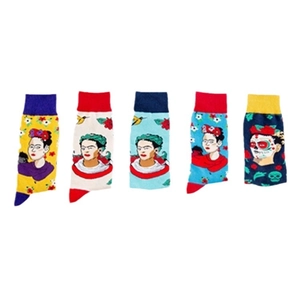 Five-pack artistic Frida Kahlo style cotton crew socks with colorful floral patterns