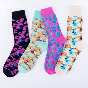 Chaussettes mi-mollet en coton à motifs de vagues marines et de colibris colorés