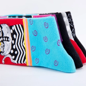 Set of autumn winter cotton socks featuring cartoon cat patterns and colorful stripes