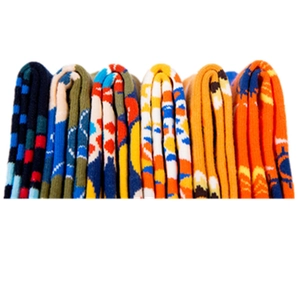 Colorful geometric pattern cotton socks featuring vibrant knitted blocks and stripes
