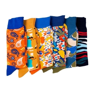 Set of six colorful cotton blend crew socks with diverse abstract and paisley patterns