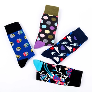 Trend men's crew socks set with colorful magpie and geometric patterns on white background