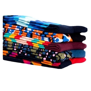 Colorful patterned cotton crew socks for couples featuring vibrant polka dots and wavy stripes