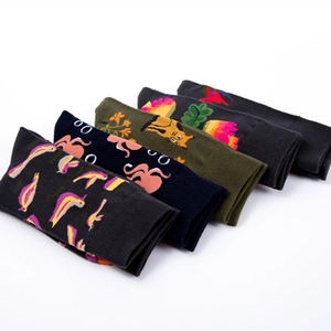 Five pack of women's cotton mid-calf socks with floral and animal embroidery patterns
