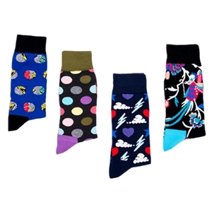 Stylish colorful patterned cotton blend skate socks for men featuring bird and dot designs