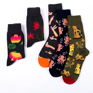 Five pairs of cotton mid-calf socks with vintage floral and animal illustration patterns
