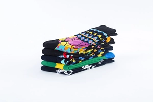 Close-up of assorted colorful patterned cotton socks featuring diverse geometric motifs