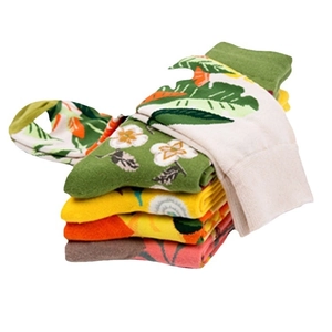 Colorful mid-calf cotton socks with bright floral leaf patterns for women