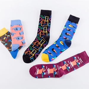 Set of five colorful street style crew socks featuring vibrant jacquard graphic patterns