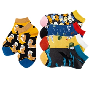 Colorful patterned low cut ankle socks with artistic floral and abstract face designs