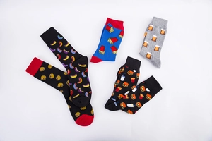 Detail of five-pair cotton crew socks with creative fast food burger and fries patterns