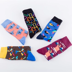 Colorful patterned crew socks for men and women featuring creative prints and vibrant designs