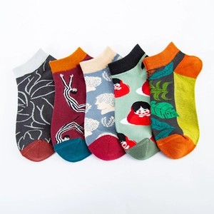 Five pairs of colorful ankle socks with artistic illustrations on white background