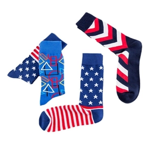 Men's cotton crew socks with American flag patterns and colorful geometric designs