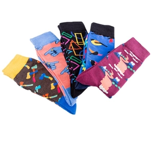 Five pairs of trendy cotton crew socks with geometric patterns and finger graphics