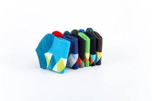 Detail view of multicolored Argyle patterned low cut socks in a 6-pack premium cotton set