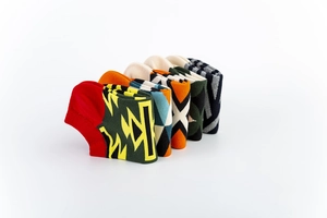 Set of five low-cut socks featuring colorful geometric ethnic patterns and knit texture