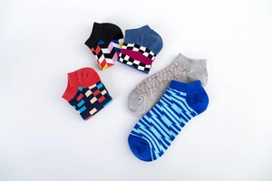 Set of five cotton blend low cut socks featuring diverse geometric patterns and colors