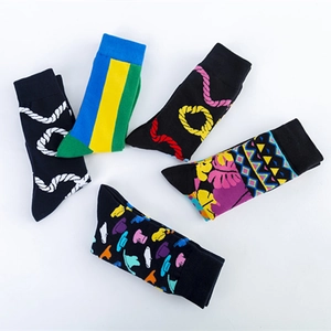 5-pack colorful cotton socks with geometric stripes, tropical leaves, and hat patterns