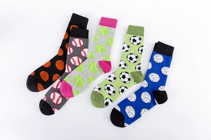 Detailed set of five cotton crew socks featuring basketball, soccer, and baseball jacquard