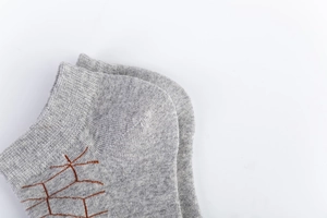 Detailed close-up of grey cotton knit ankle sock showing texture and brown heel patterns