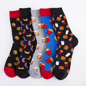 Five-pair pack of men's cotton crew socks with colorful fast food and snack prints