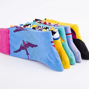 Colorful cotton crew socks with creative cartoon character portrait and bird patterns